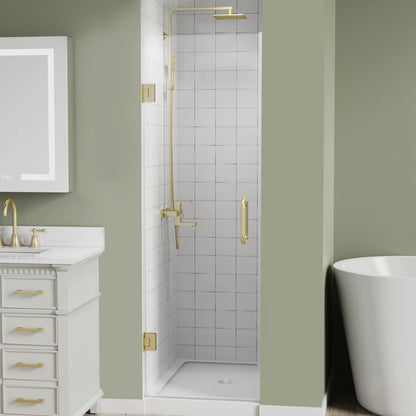 Gemini 24"x72" Frameless Shower Door in Brush Gold,Water Repellent Glass with Seal Strip Parts and Handle,Glass Hinged Shower Door