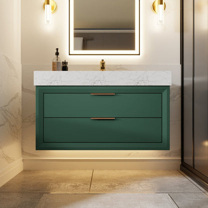 Glam 36" Modern Floating Green Rubberwood Bathroom Vanity Cabinet with Lights and Stone Slab Countertop, Single Sinks