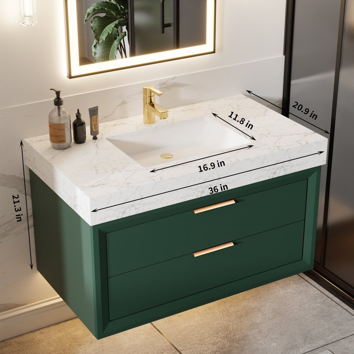 Glam 36" Modern Floating Green Rubberwood Bathroom Vanity Cabinet with Lights and Stone Slab Countertop, Single Sinks