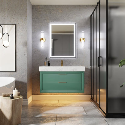 Glam 36" Modern Floating Green Rubberwood Bathroom Vanity Cabinet with Lights and Stone Slab Countertop, Single Sinks