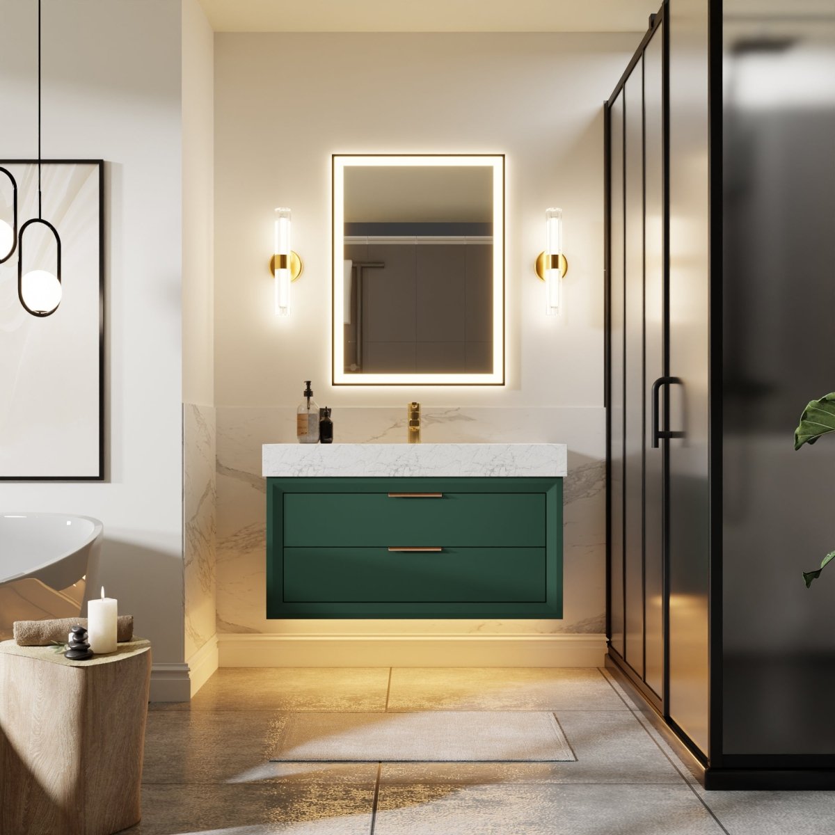 Glam 36" Modern Floating Green Rubberwood Bathroom Vanity Cabinet with Lights and Stone Slab Countertop, Single Sinks