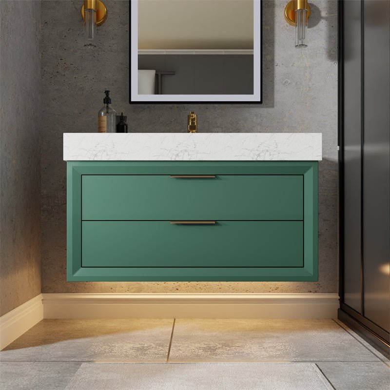 Glam 36" Modern Floating Green Rubberwood Bathroom Vanity Cabinet with Lights and Stone Slab Countertop, Single Sinks