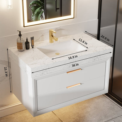 Glam 36" Modern Floating White Rubberwood Bathroom Vanity Cabinet with Lights and Stone Slab Countertop, Single Sinks