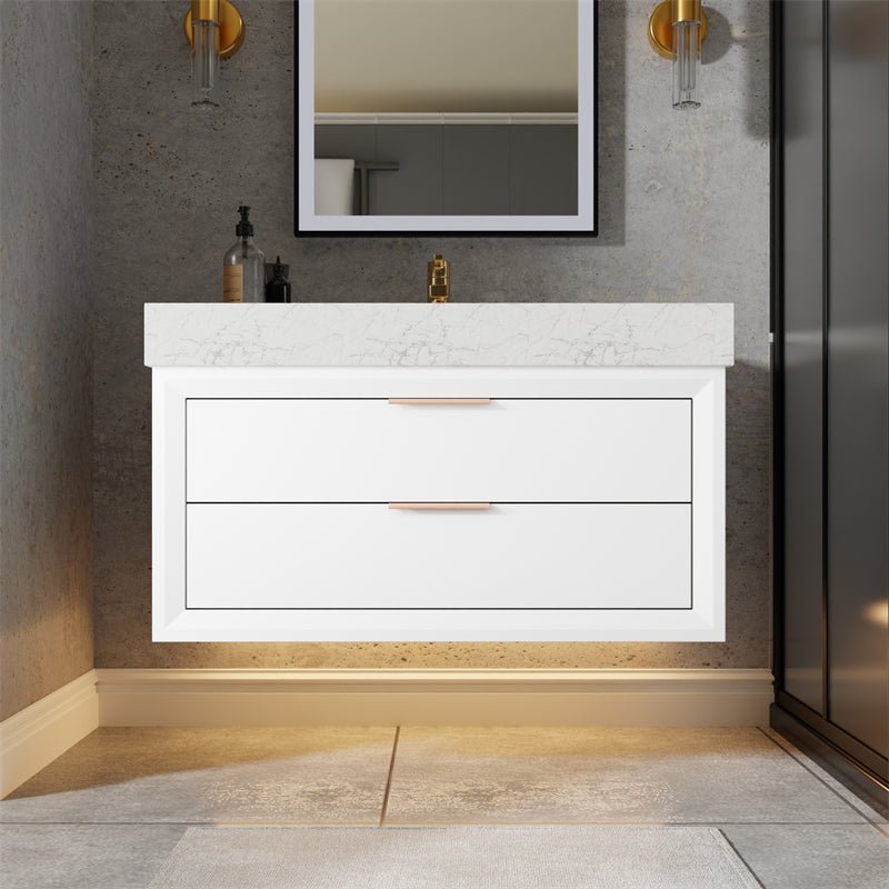 Glam 36" Modern Floating White Rubberwood Bathroom Vanity Cabinet with Lights and Stone Slab Countertop, Single Sinks