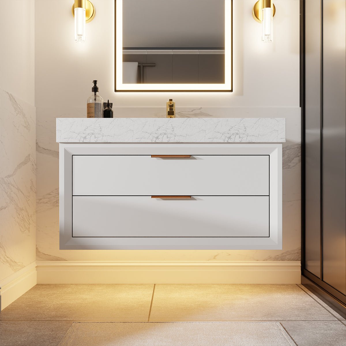 Glam 36" Modern Floating White Rubberwood Bathroom Vanity Cabinet with Lights and Stone Slab Countertop, Single Sinks