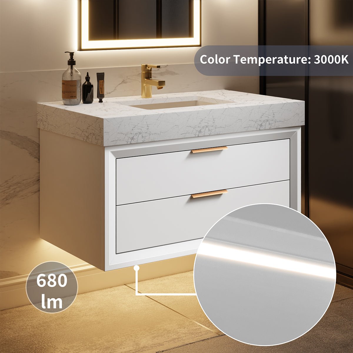 Glam 36" Modern Floating White Rubberwood Bathroom Vanity Cabinet with Lights and Stone Slab Countertop, Single Sinks