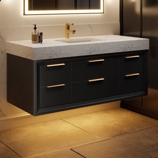 Glam 48" Modern Floating Black Rubberwood Bathroom Vanity Cabinet with Lights and Stone Slab Countertop, Single Sinks