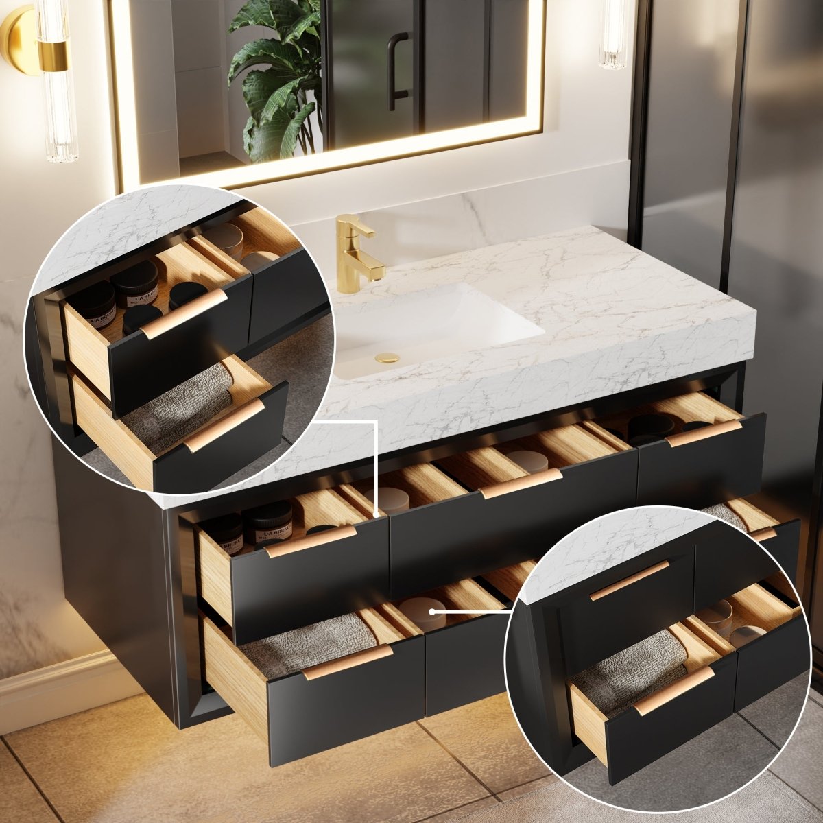 Glam 48" Modern Floating Black Rubberwood Bathroom Vanity Cabinet with Lights and Stone Slab Countertop, Single Sinks
