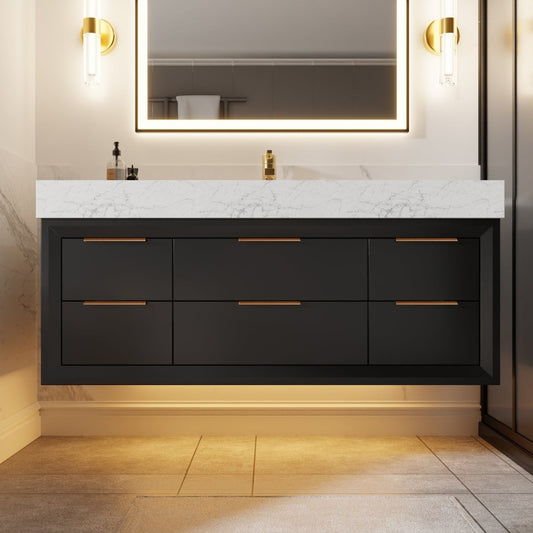 Glam 48" Modern Floating Black Rubberwood Bathroom Vanity Cabinet with Lights and Stone Slab Countertop, Single Sinks