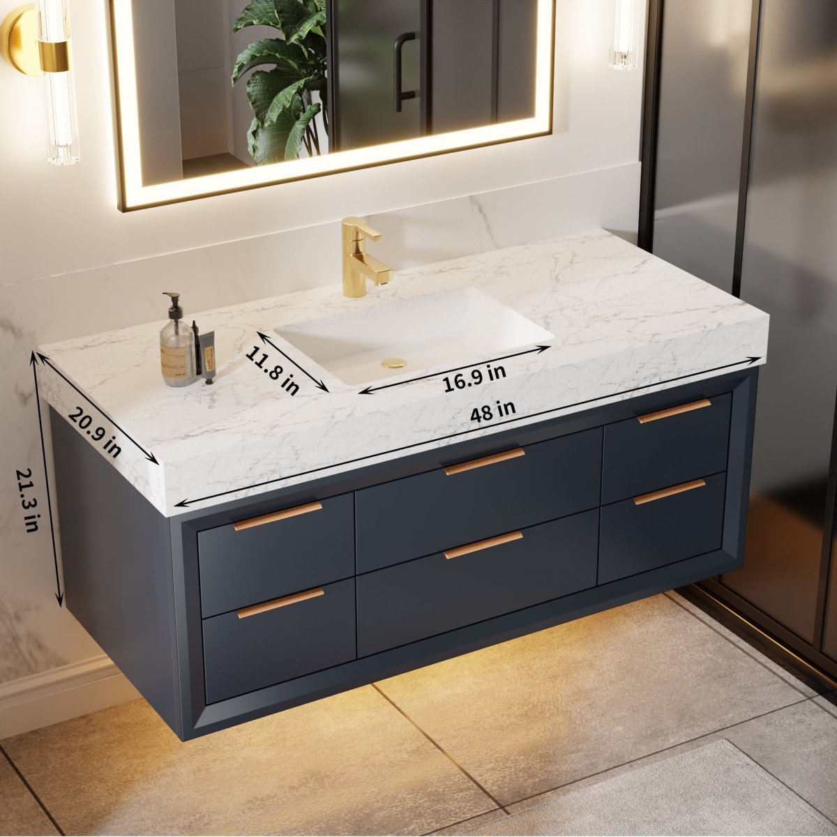 Glam 48" Modern Floating Blue Rubberwood Bathroom Vanity Cabinet with Lights and Stone Slab Countertop, Single Sinks