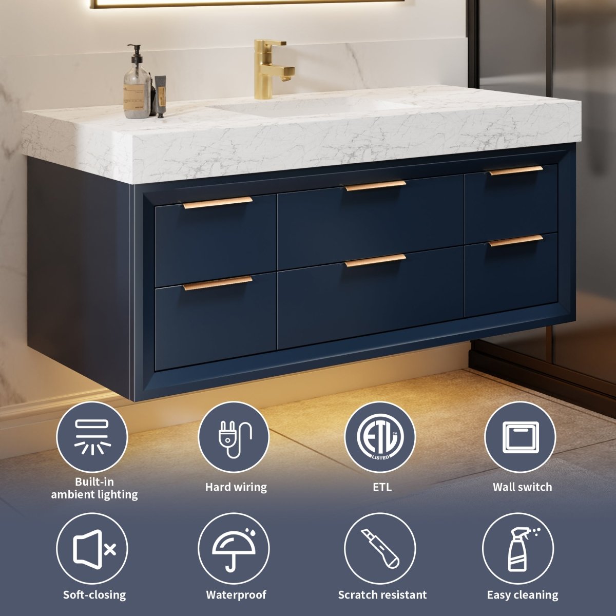 Glam 48" Modern Floating Blue Rubberwood Bathroom Vanity Cabinet with Lights and Stone Slab Countertop, Single Sinks