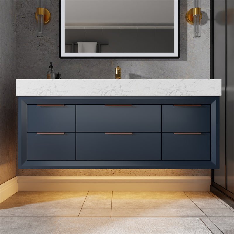 Glam 48" Modern Floating Blue Rubberwood Bathroom Vanity Cabinet with Lights and Stone Slab Countertop, Single Sinks