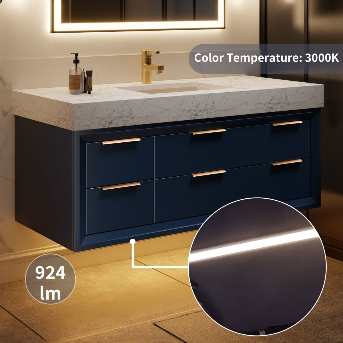 Glam 48" Modern Floating Blue Rubberwood Bathroom Vanity Cabinet with Lights and Stone Slab Countertop, Single Sinks