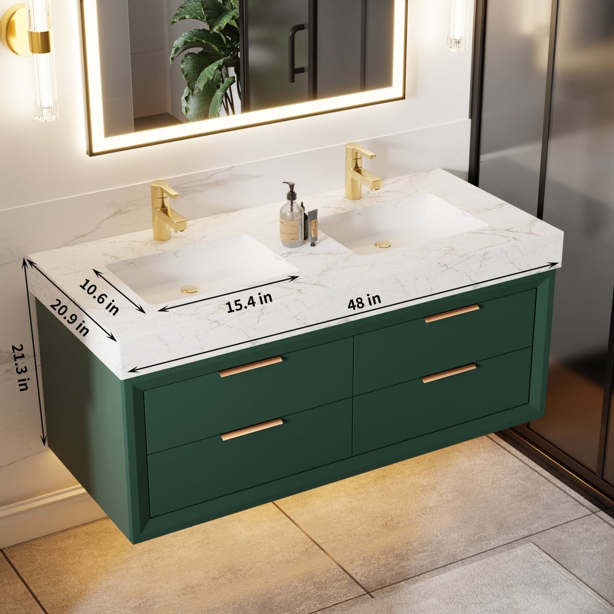 Glam 48" Modern Floating Green Rubberwood Bathroom Vanity Cabinet with Lights and Stone Slab Countertop, Dual Sinks