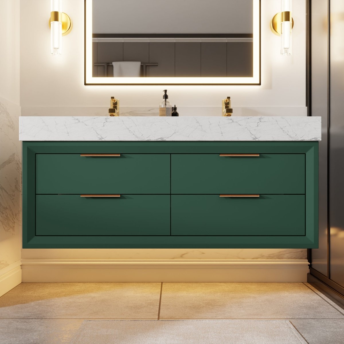 Glam 48" Modern Floating Green Rubberwood Bathroom Vanity Cabinet with Lights and Stone Slab Countertop, Dual Sinks