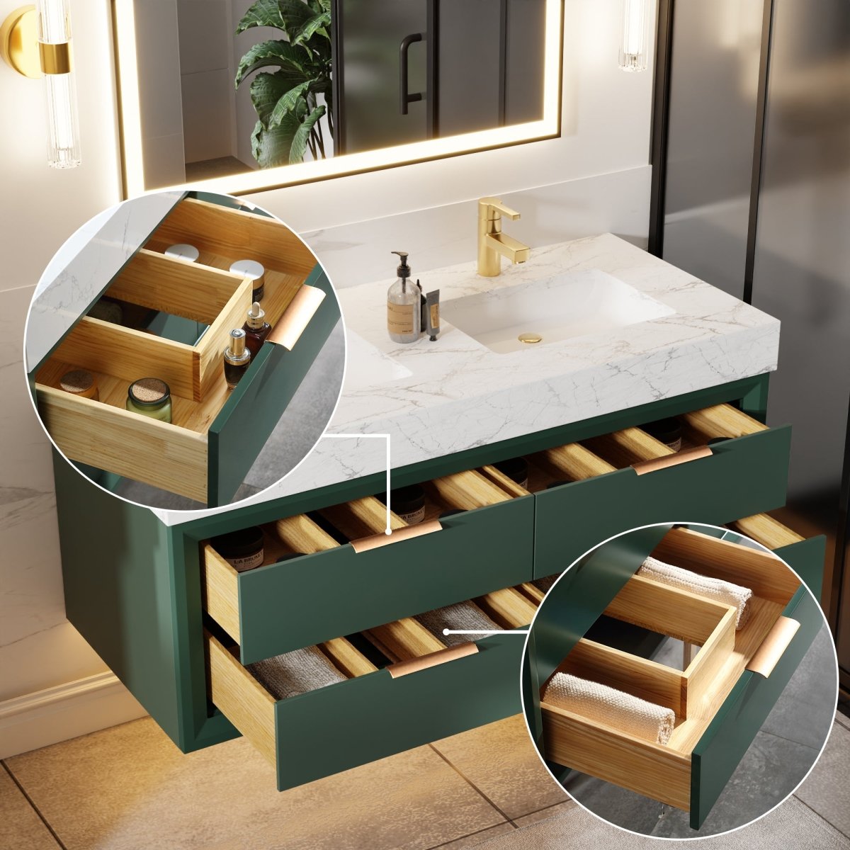 Glam 48" Modern Floating Green Rubberwood Bathroom Vanity Cabinet with Lights and Stone Slab Countertop, Dual Sinks