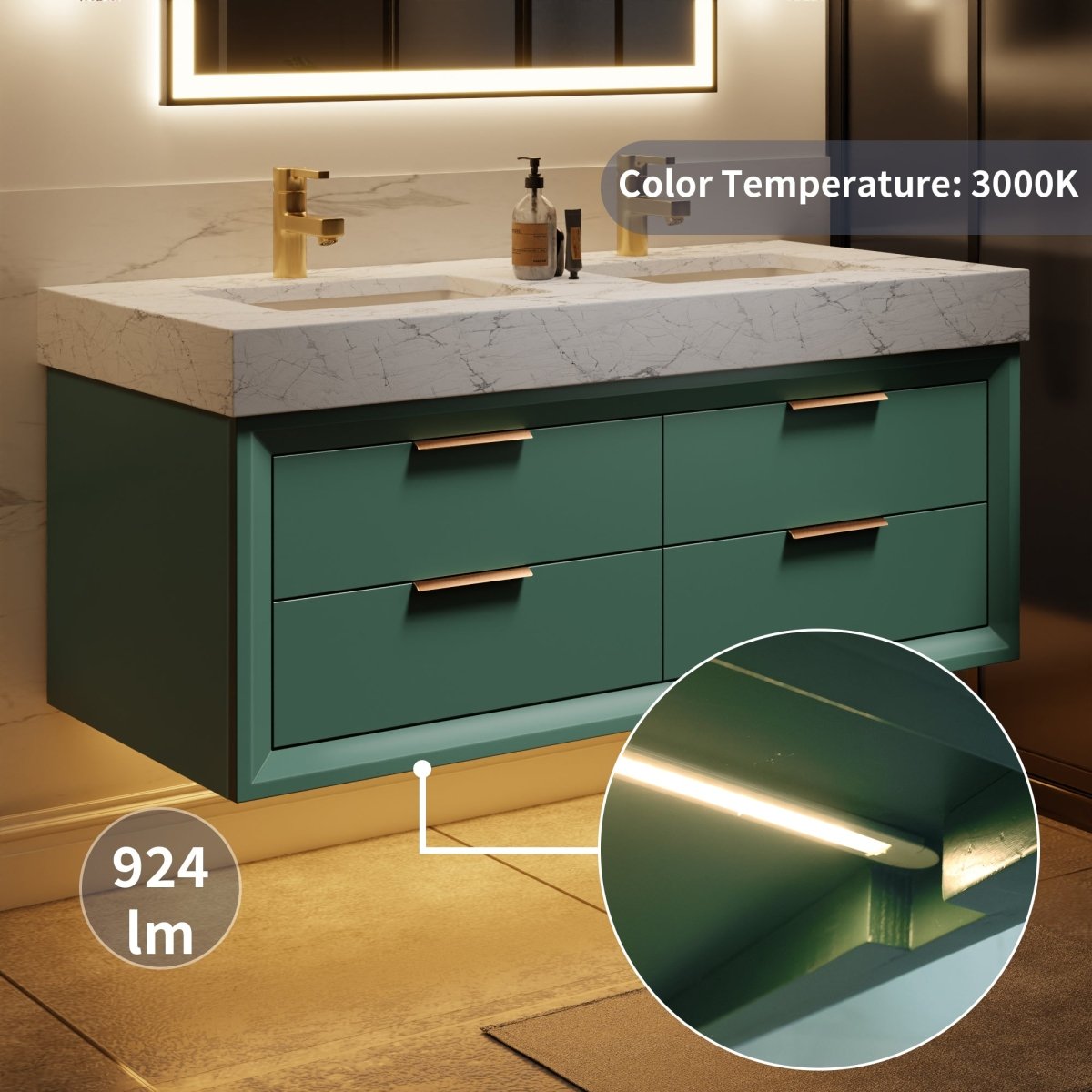 Glam 48" Modern Floating Green Rubberwood Bathroom Vanity Cabinet with Lights and Stone Slab Countertop, Dual Sinks