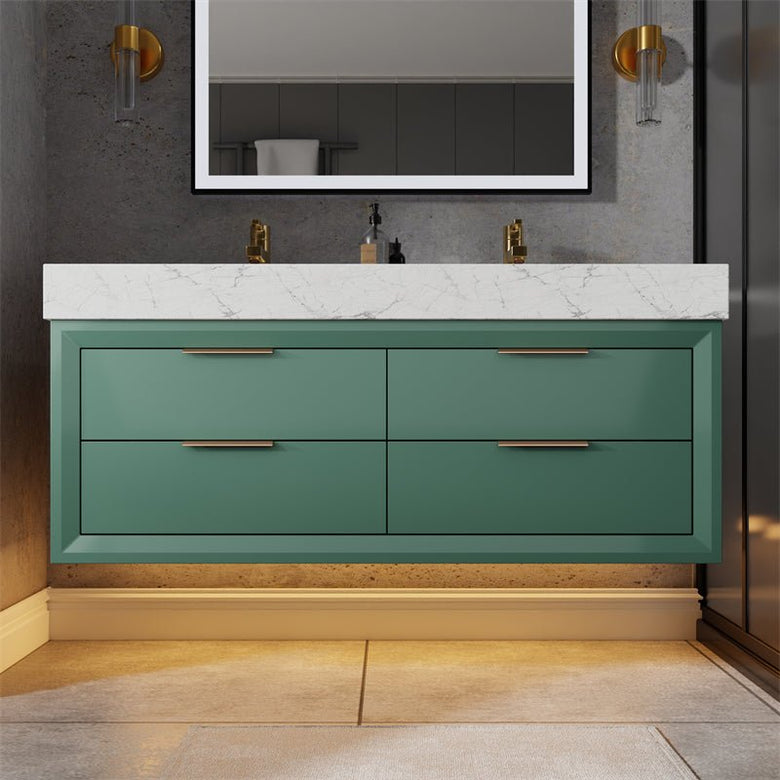 Glam 48" Modern Floating Green Rubberwood Bathroom Vanity Cabinet with Lights and Stone Slab Countertop, Dual Sinks