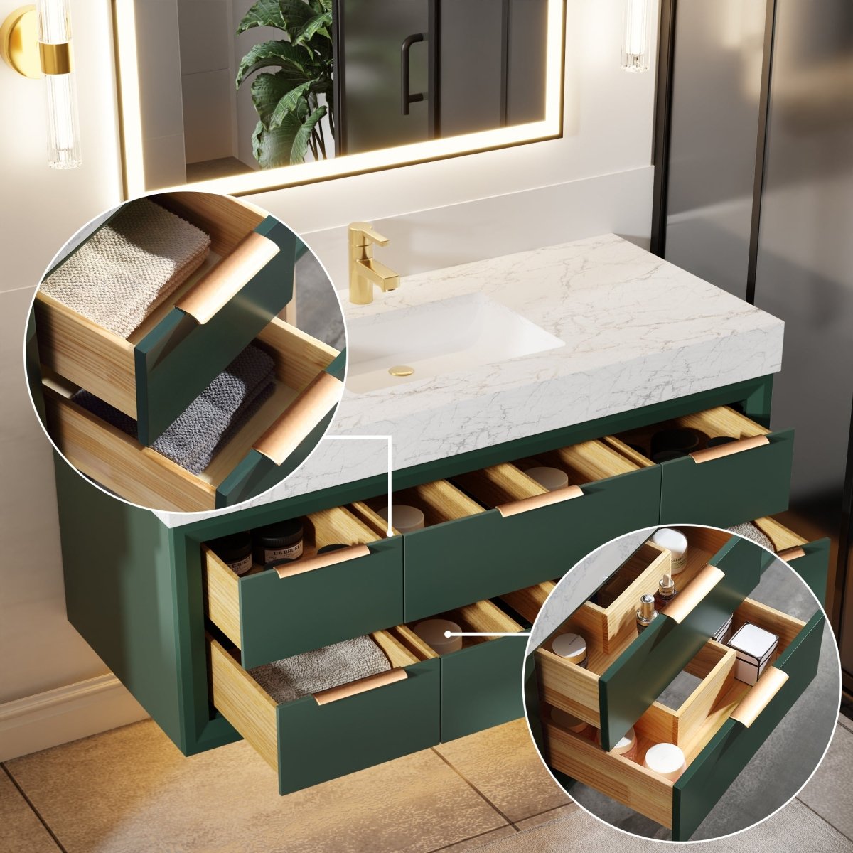 Glam 48" Modern Floating Green Rubberwood Bathroom Vanity Cabinet with Lights and Stone Slab Countertop, Single Sinks