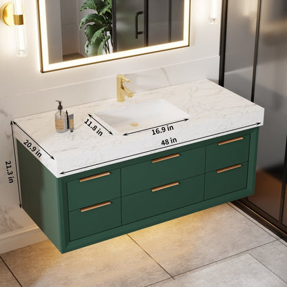 Glam 48" Modern Floating Green Rubberwood Bathroom Vanity Cabinet with Lights and Stone Slab Countertop, Single Sinks