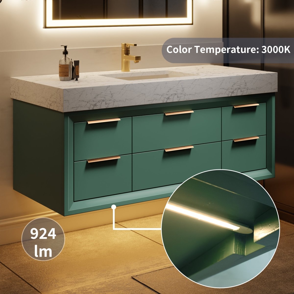 Glam 48" Modern Floating Green Rubberwood Bathroom Vanity Cabinet with Lights and Stone Slab Countertop, Single Sinks