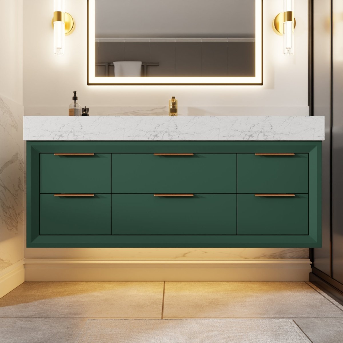 Glam 48" Modern Floating Green Rubberwood Bathroom Vanity Cabinet with Lights and Stone Slab Countertop, Single Sinks