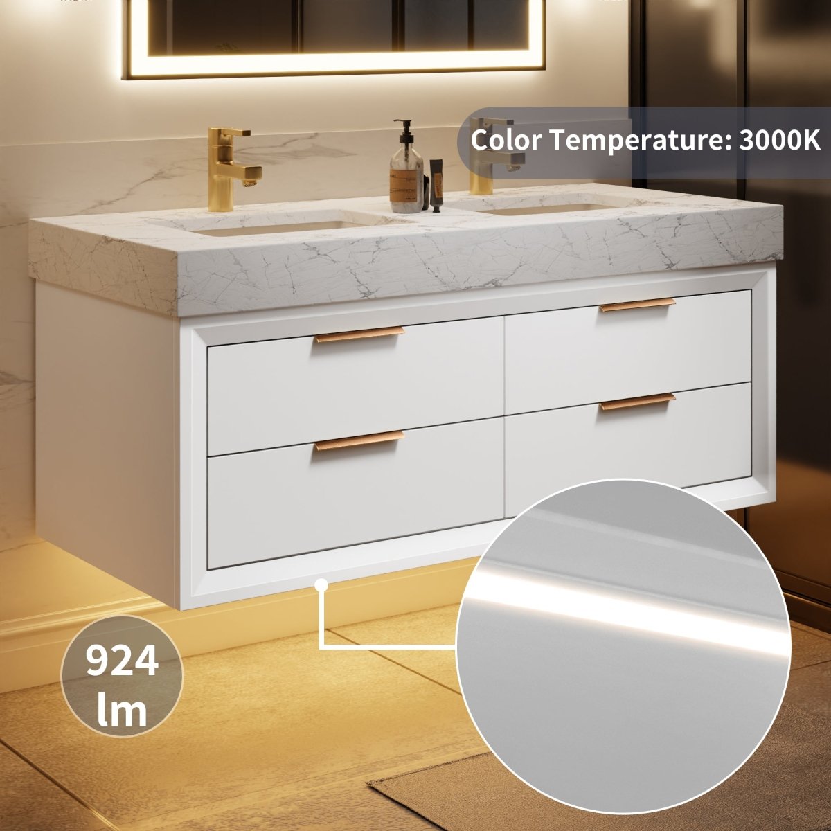 Glam 48" Modern Floating White Rubberwood Bathroom Vanity Cabinet with Lights and Stone Slab Countertop, Dual Sinks