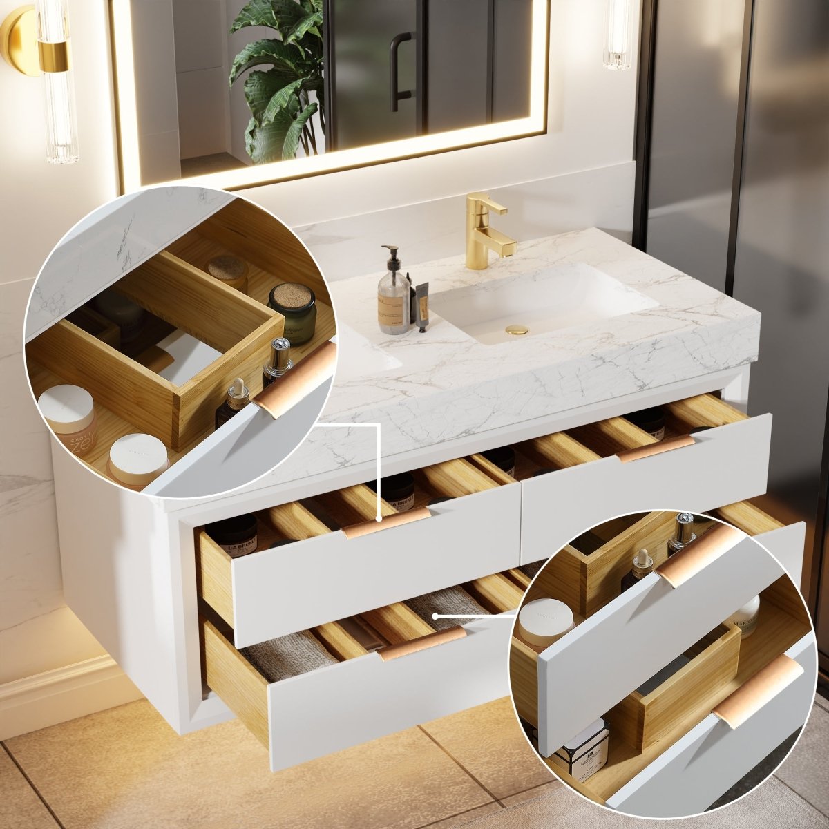 Glam 48" Modern Floating White Rubberwood Bathroom Vanity Cabinet with Lights and Stone Slab Countertop, Dual Sinks