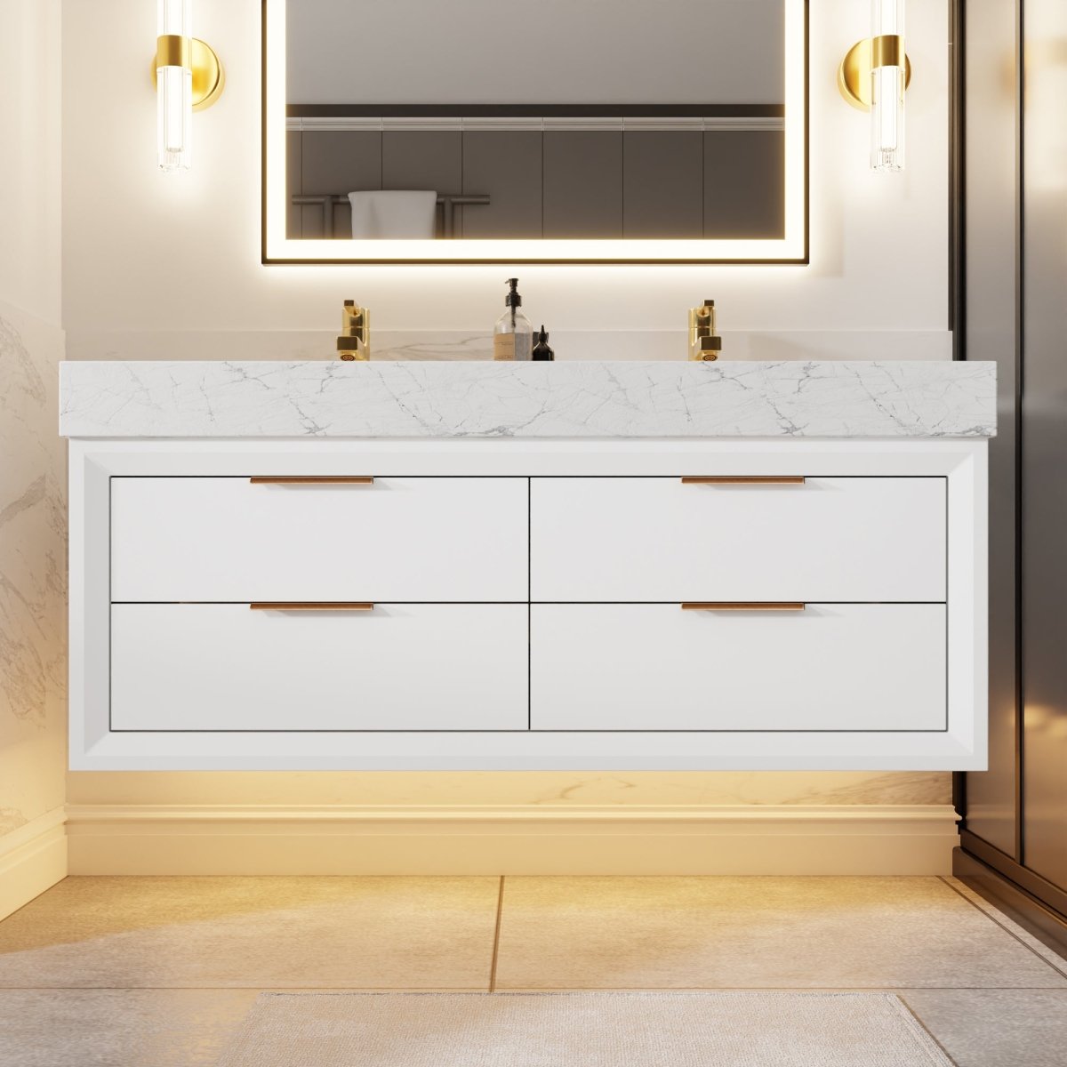 Glam 48" Modern Floating White Rubberwood Bathroom Vanity Cabinet with Lights and Stone Slab Countertop, Dual Sinks