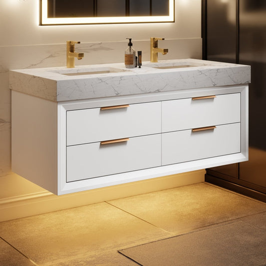 Glam 48" Modern Floating White Rubberwood Bathroom Vanity Cabinet with Lights and Stone Slab Countertop, Dual Sinks