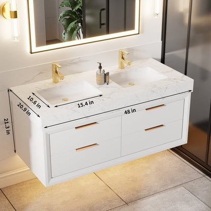 Glam 48" Modern Floating White Rubberwood Bathroom Vanity Cabinet with Lights and Stone Slab Countertop, Dual Sinks