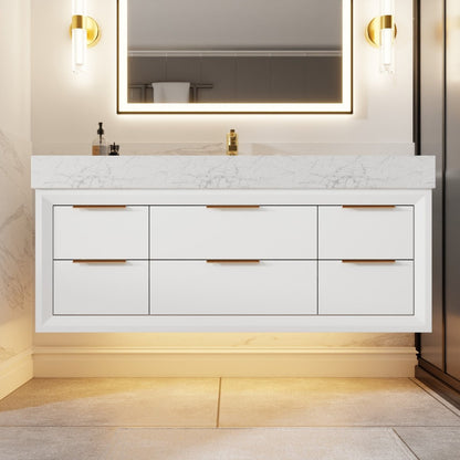 Glam 48" Modern Floating White Rubberwood Bathroom Vanity Cabinet with Lights and Stone Slab Countertop, Single Sinks