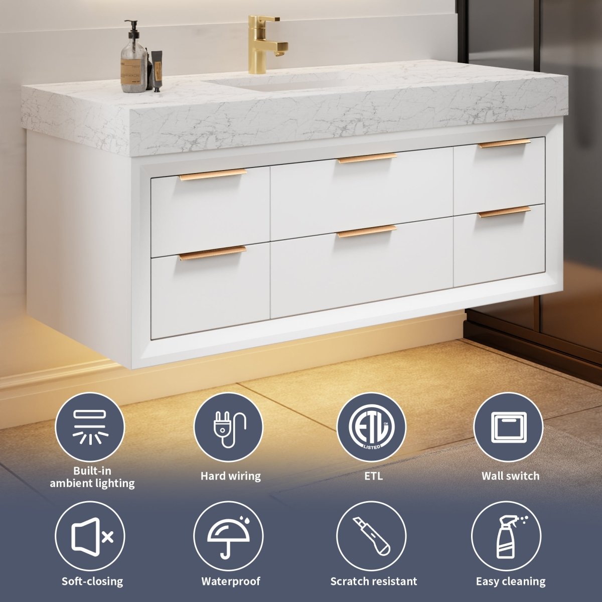 Glam 48" Modern Floating White Rubberwood Bathroom Vanity Cabinet with Lights and Stone Slab Countertop, Single Sinks