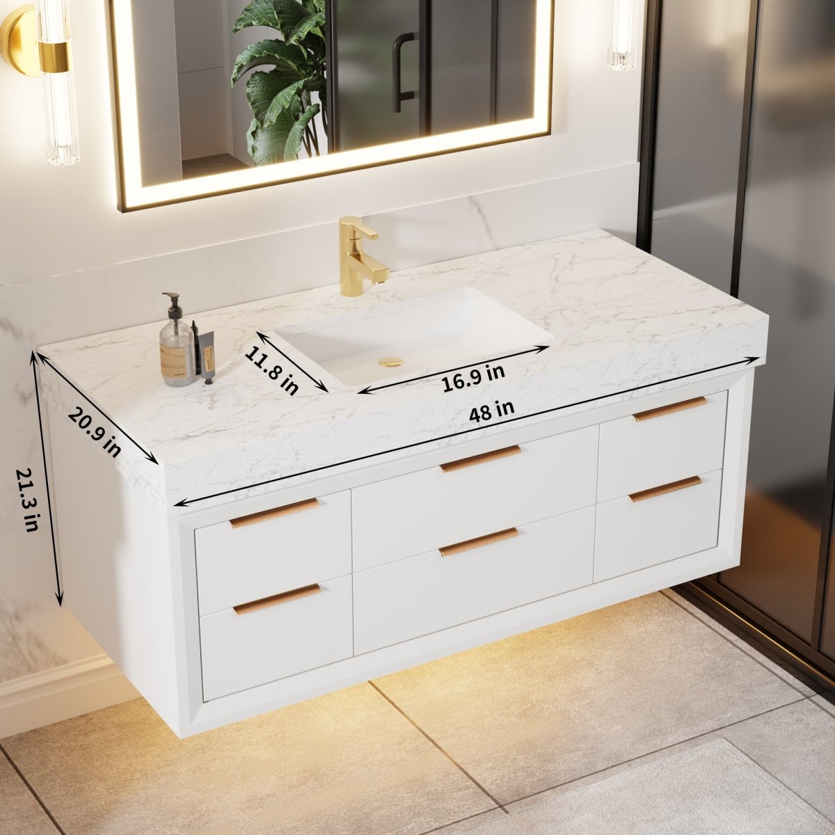 Glam 48" Modern Floating White Rubberwood Bathroom Vanity Cabinet with Lights and Stone Slab Countertop, Single Sinks