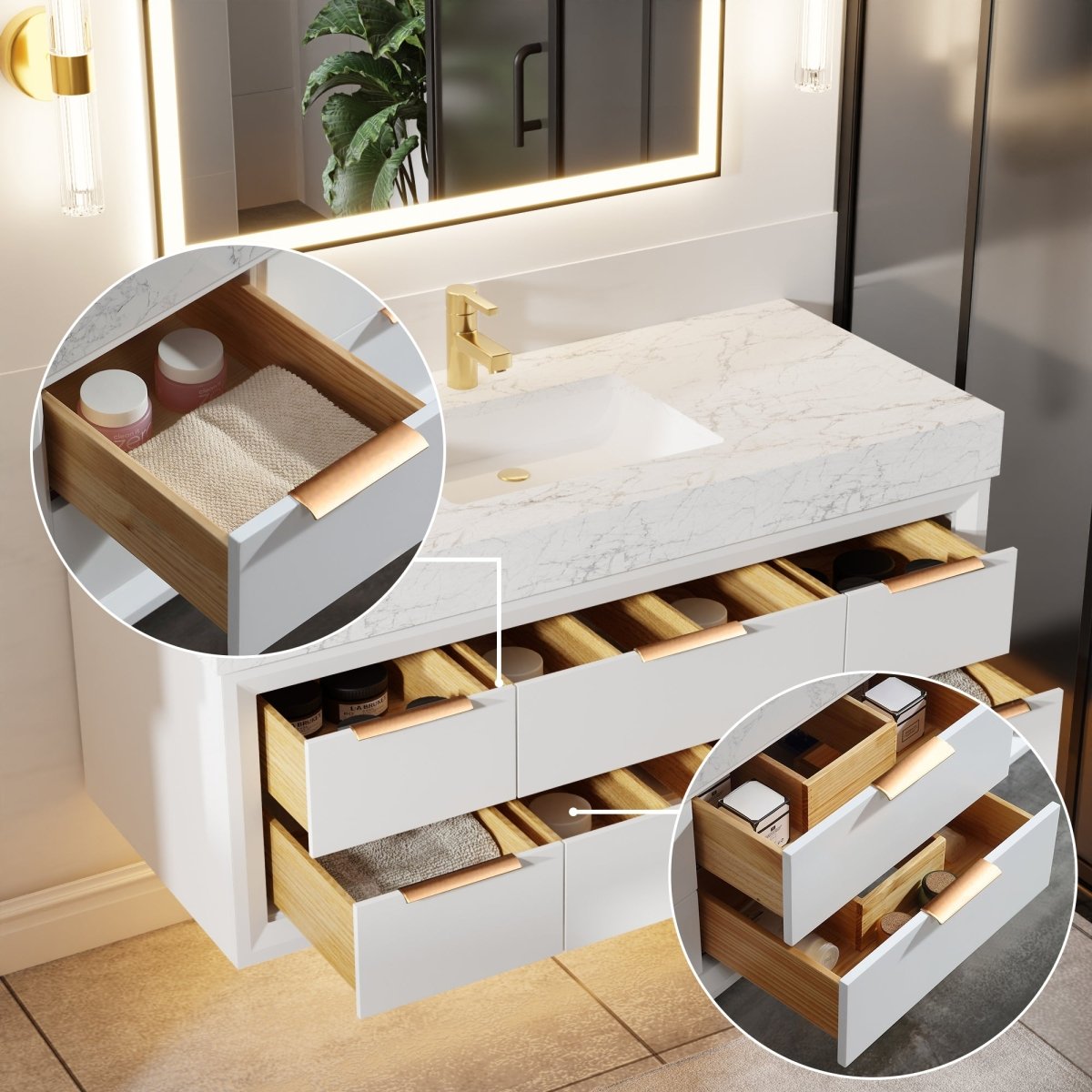 Glam 48" Modern Floating White Rubberwood Bathroom Vanity Cabinet with Lights and Stone Slab Countertop, Single Sinks