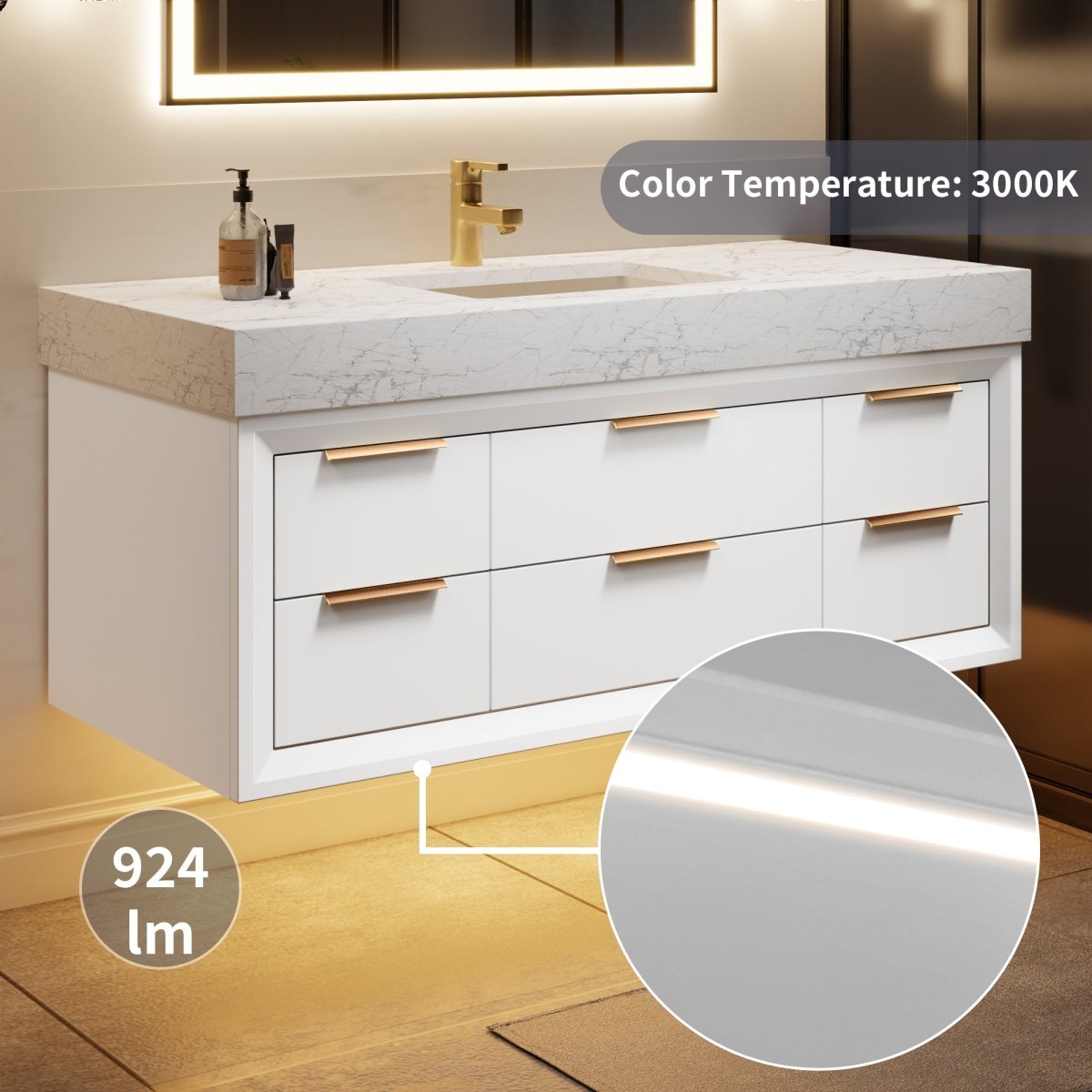 Glam 48" Modern Floating White Rubberwood Bathroom Vanity Cabinet with Lights and Stone Slab Countertop, Single Sinks