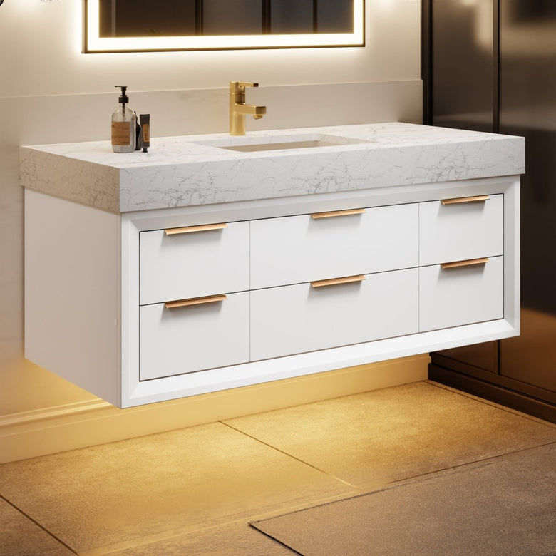 Glam 48" Modern Floating White Rubberwood Bathroom Vanity Cabinet with Lights and Stone Slab Countertop, Single Sinks