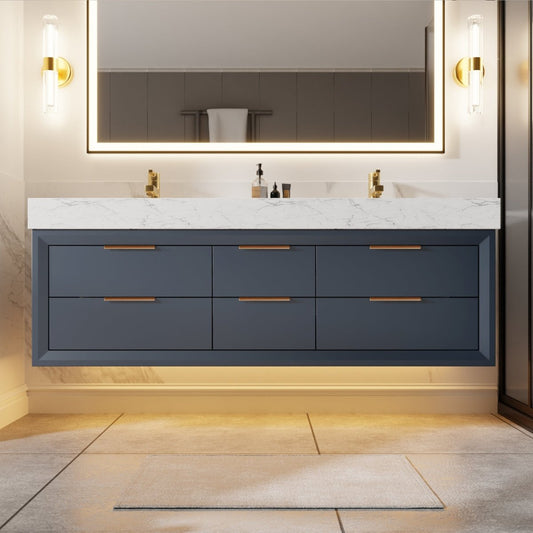 Glam 60" Modern Floating Rubberwood Bathroom Vanity Cabinet with Lights and Stone Slab Countertop in Blue