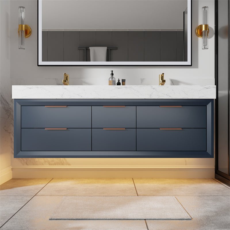 Glam 60" Modern Floating Rubberwood Bathroom Vanity Cabinet with Lights and Stone Slab Countertop in Blue