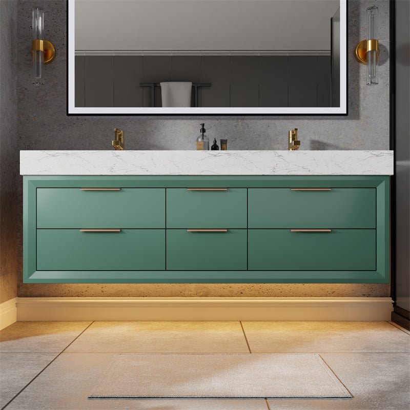 Glam 60" Modern Floating Rubberwood Bathroom Vanity Cabinet with Lights and Stone Slab Countertop in Green