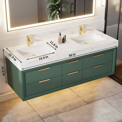 Glam 60" Modern Floating Rubberwood Bathroom Vanity Cabinet with Lights and Stone Slab Countertop in Green