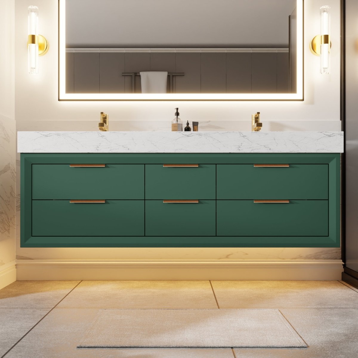 Glam 60" Modern Floating Rubberwood Bathroom Vanity Cabinet with Lights and Stone Slab Countertop in Green