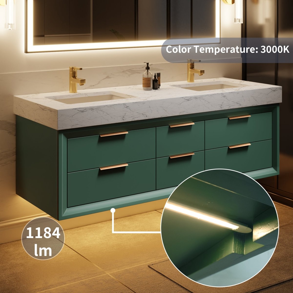Glam 60" Modern Floating Rubberwood Bathroom Vanity Cabinet with Lights and Stone Slab Countertop in Green