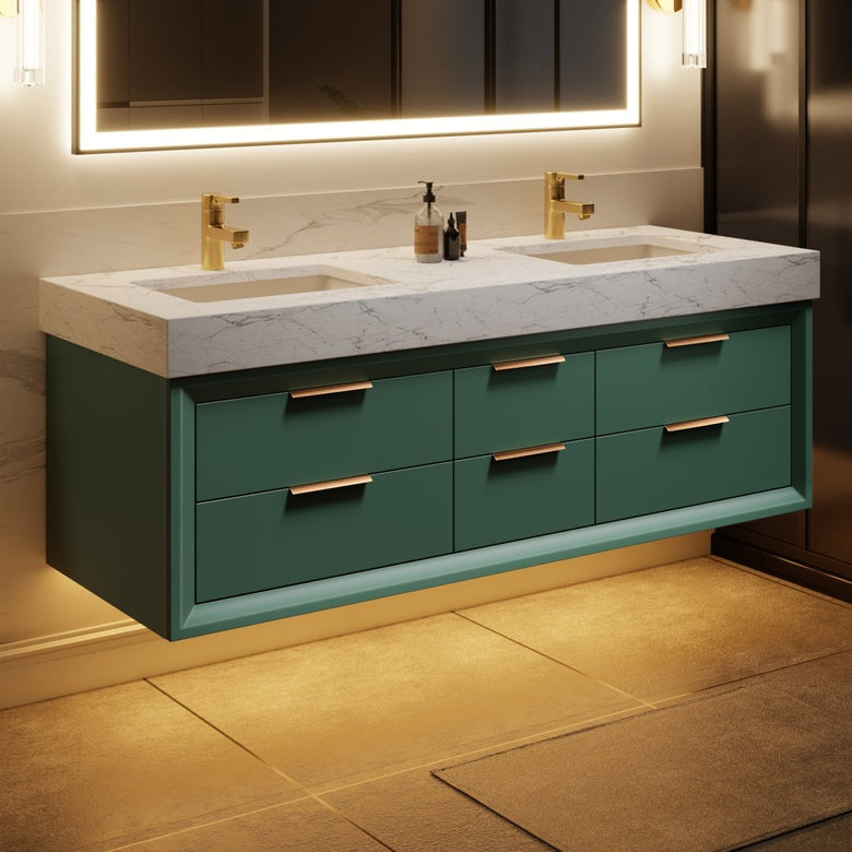 Glam 60" Modern Floating Rubberwood Bathroom Vanity Cabinet with Lights and Stone Slab Countertop in Green