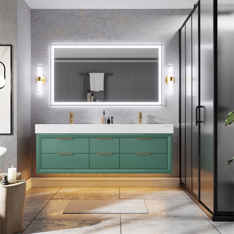 Glam 60" Modern Floating Rubberwood Bathroom Vanity Cabinet with Lights and Stone Slab Countertop in Green