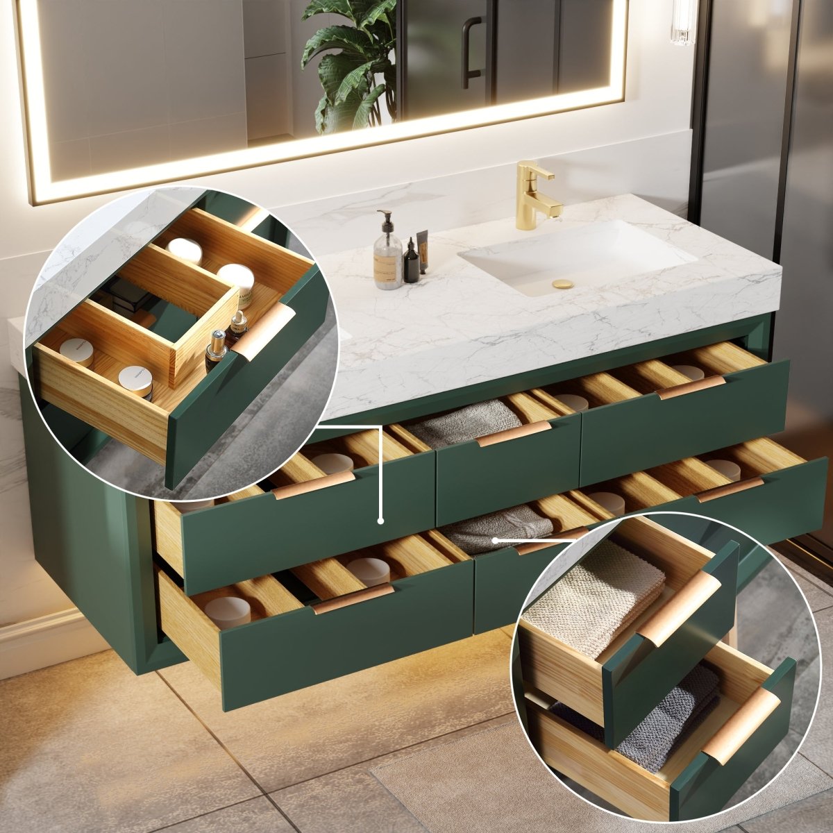 Glam 60" Modern Floating Rubberwood Bathroom Vanity Cabinet with Lights and Stone Slab Countertop in Green