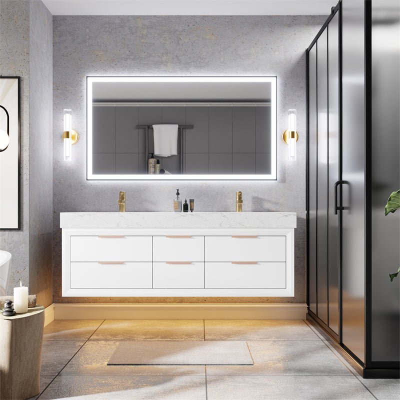 Glam 60" Modern Floating Rubberwood Bathroom Vanity Cabinet with Lights and Stone Slab Countertop in White