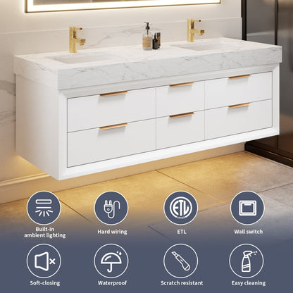 Glam 60" Modern Floating Rubberwood Bathroom Vanity Cabinet with Lights and Stone Slab Countertop in White