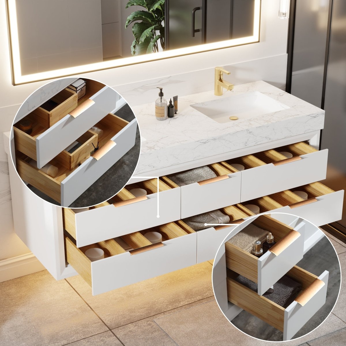 Glam 60" Modern Floating Rubberwood Bathroom Vanity Cabinet with Lights and Stone Slab Countertop in White
