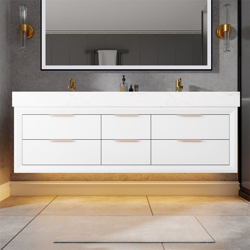 Glam 60" Modern Floating Rubberwood Bathroom Vanity Cabinet with Lights and Stone Slab Countertop in White